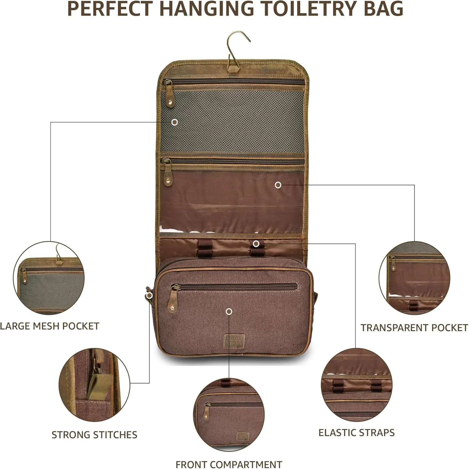 LEATHER VILLAGE Hanging Leather Toiletry Bag for Men & Women, Handcrafted Vintage Cosmetic & Shaving Organizer Travel Dopp Kit Shower Bag - Mud