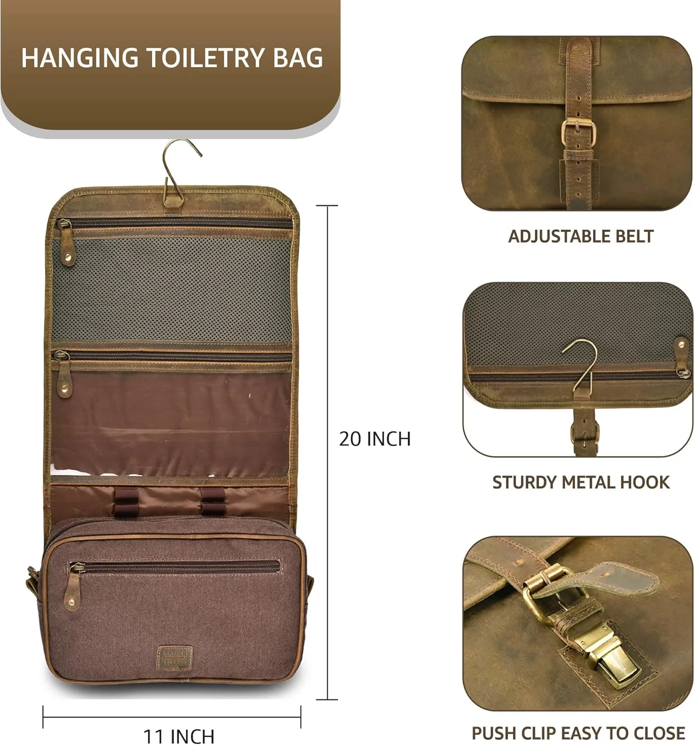 LEATHER VILLAGE Hanging Leather Toiletry Bag for Men & Women, Handcrafted Vintage Cosmetic & Shaving Organizer Travel Dopp Kit Shower Bag - Mud