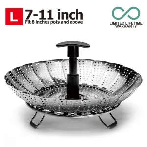 Licok 1 Vegetable 7 to 11 inch, Large Veggie Steamer Basket for Instant Pot with Extendable Handle, Foldable Legs and Silicone Protecti, black