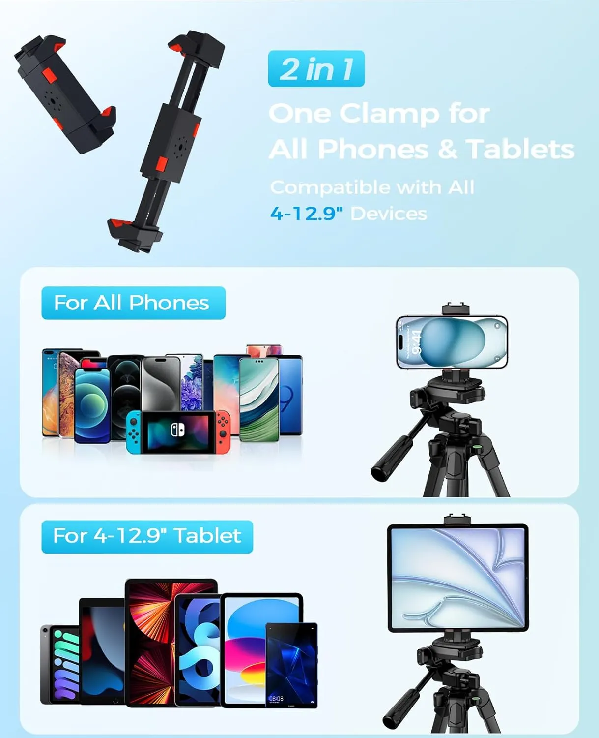 MACTREM iPhone iPad Tripod Stand, 67" Phone Tripod for iPhone iPad Tablet Camera with 2 in1 Holder Remote Carry Bag, Aluminum Extendable iPhone Stand for Video Recording/Selfies/Live Stream/Vlogging