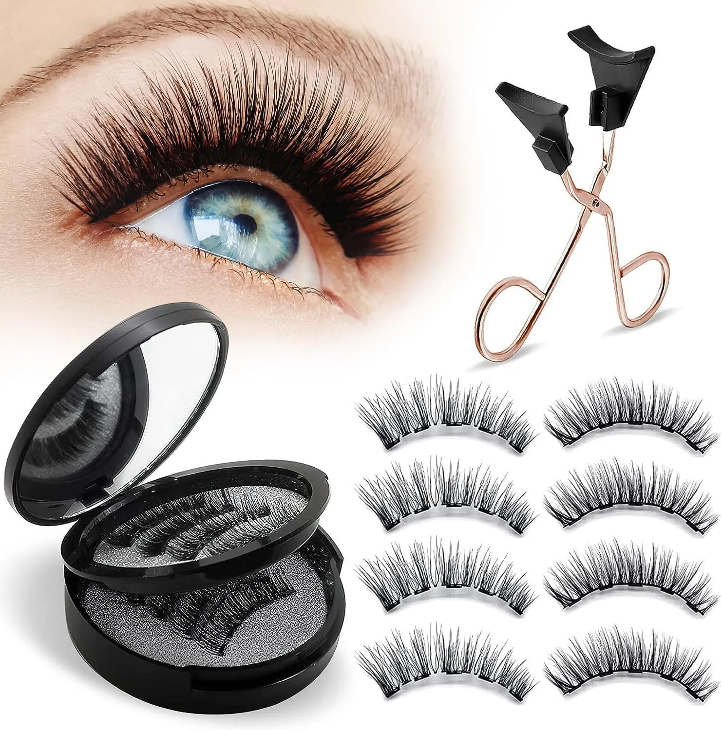 Magnetic Eyelashes Natural Look – 4 Pairs Natural Look False Lashes with Easy Applicator, No Glue or Eyeliner Needed, Comfortable & Waterproof for All-Day Wear