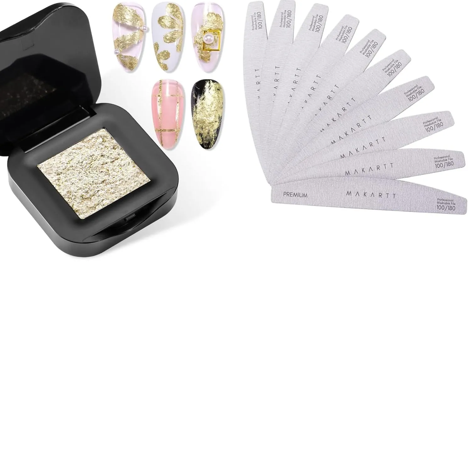 Makartt Nail File: 100/180 Grit Nail Files for Natural Nails, 10 Pcs Zebra Emery Boards Bundle with 3D Nail Gel: Sculpting Gel for Nail Art, No Wipe UV Nail Gel, Gold Fairy Aurora Powder Gel
