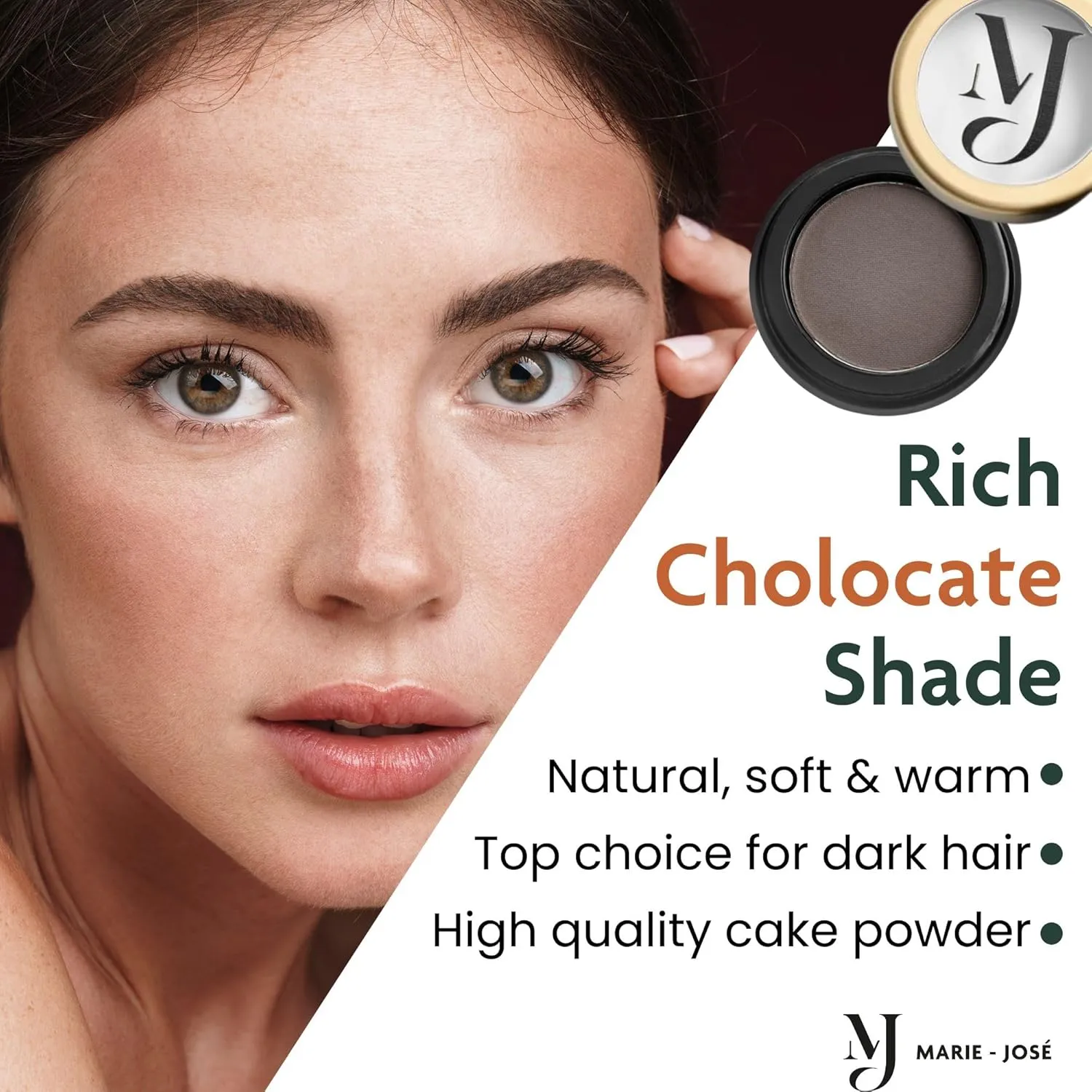 Marie-José Dark Brown Eyebrow Powder - Warm, Rich, Chocolate Brown Makeup Powder- Effortless All-Day Brow Beauty - Compact Size 0.10oz for Purse or Travel Size - Made in USA