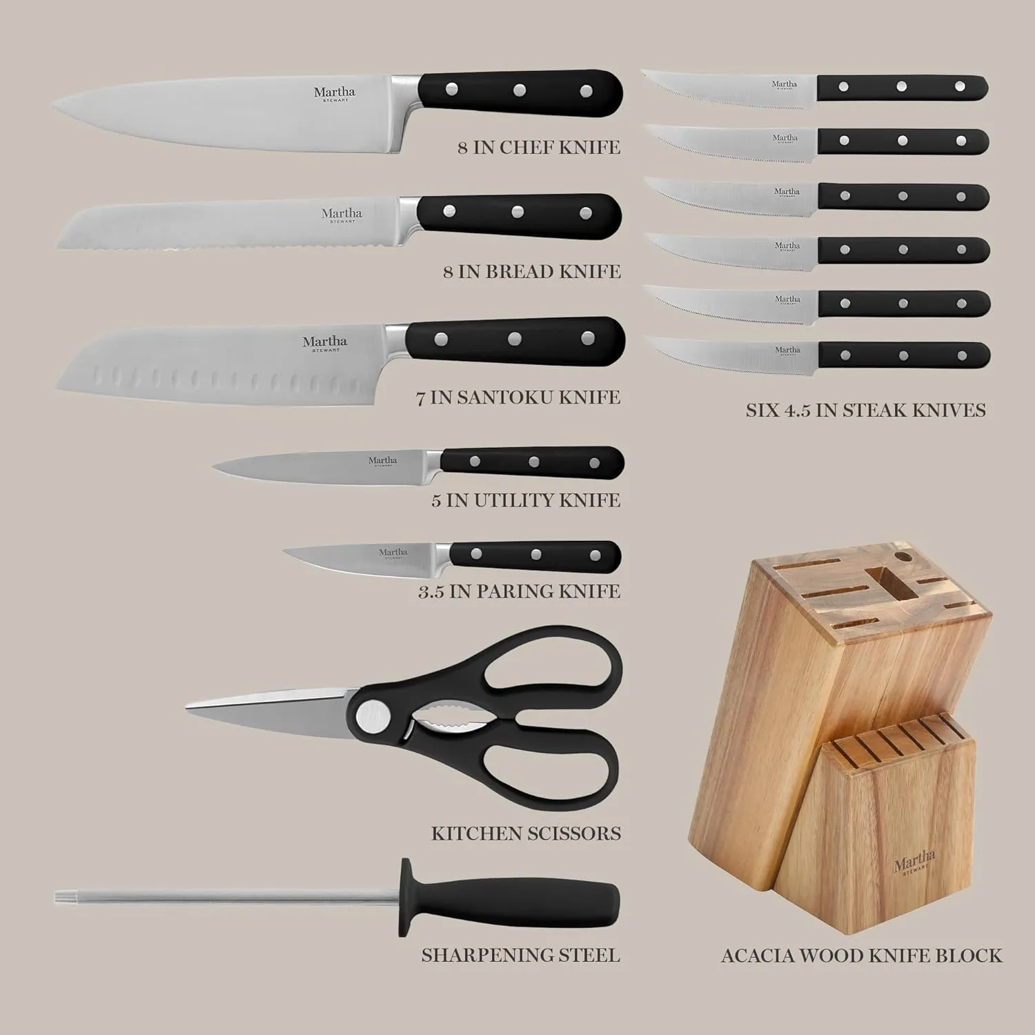 Martha Stewart Eastwalk 14 Piece High Carbon Stainless Steel Cutlery Knife Block Set w/ABS Triple Riveted Forged Handle Acacia Wood Block - Matte Black