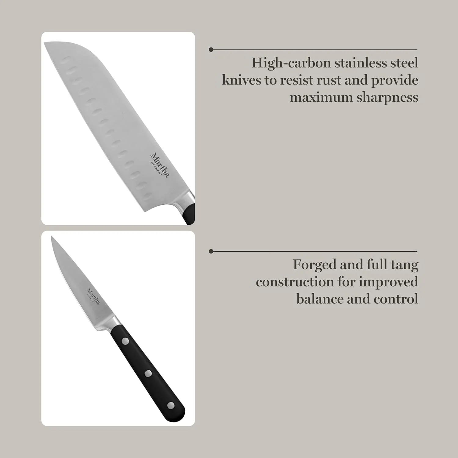 Martha Stewart Eastwalk 14 Piece High Carbon Stainless Steel Cutlery Knife Block Set w/ABS Triple Riveted Forged Handle Acacia Wood Block - Matte Black