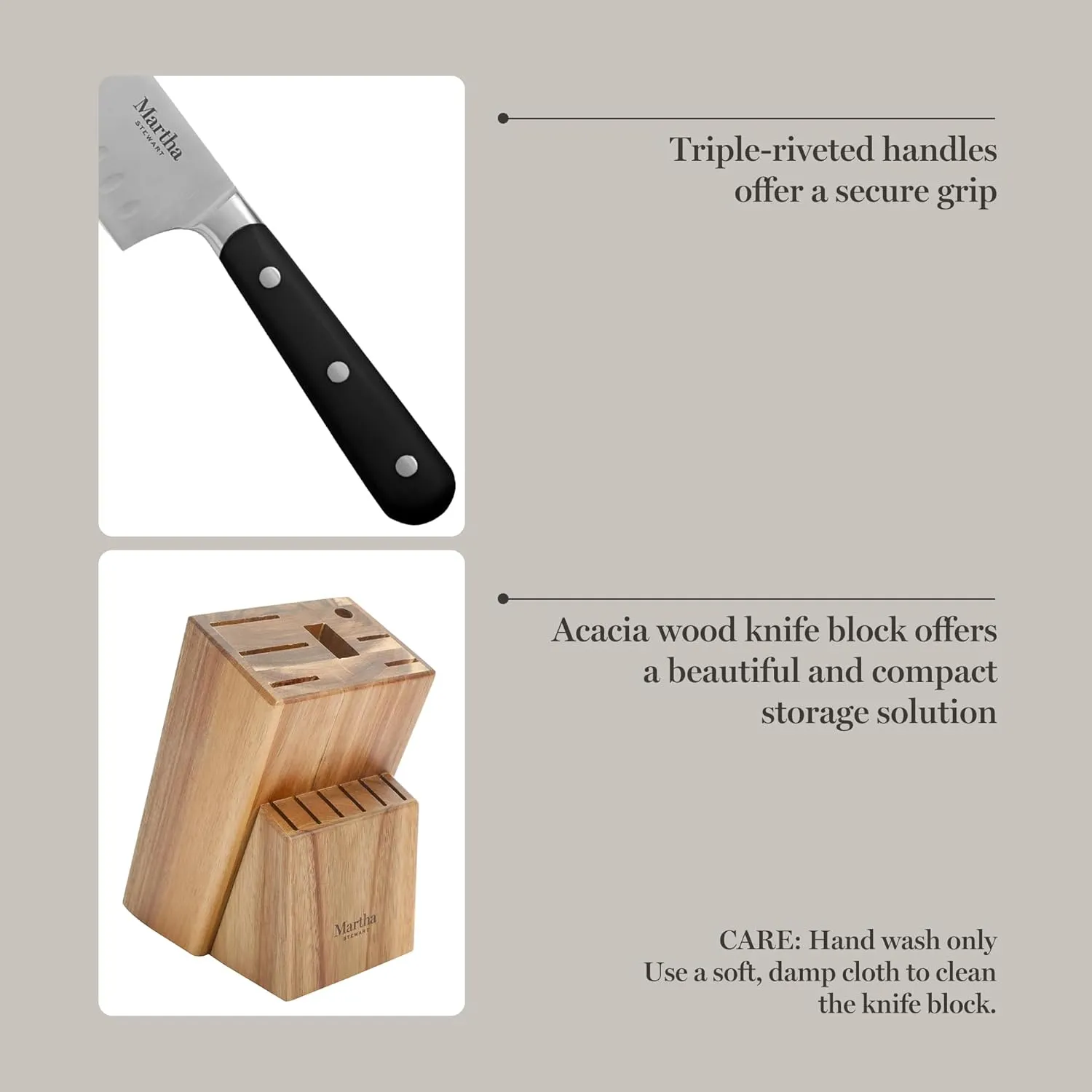 Martha Stewart Eastwalk 14 Piece High Carbon Stainless Steel Cutlery Knife Block Set w/ABS Triple Riveted Forged Handle Acacia Wood Block - Matte Black