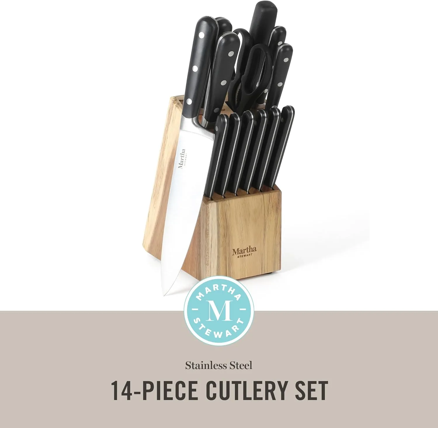 Martha Stewart Eastwalk 14 Piece High Carbon Stainless Steel Cutlery Knife Block Set w/ABS Triple Riveted Forged Handle Acacia Wood Block - Matte Black