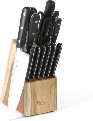Martha Stewart Eastwalk 14 Piece High Carbon Stainless Steel Cutlery Knife Block Set w/ABS Triple Riveted Forged Handle Acacia Wood Block - Matte Black