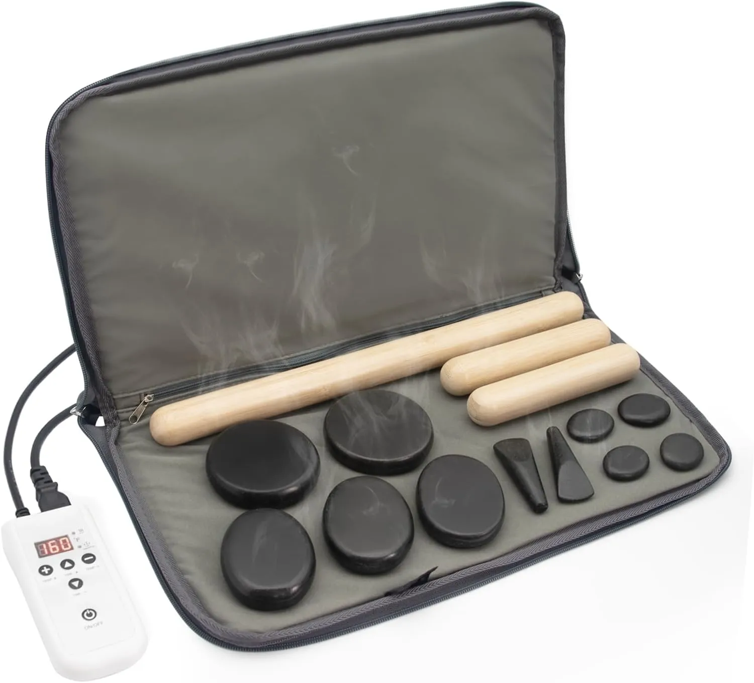 Massage Stones Set with Warmer Kit Hot Rocks Bamboo for Massage Hot Stones Massage Warmer Kit with Temperature Control and Carry Bag for Home Use (11 Stones and 3 Sticks)