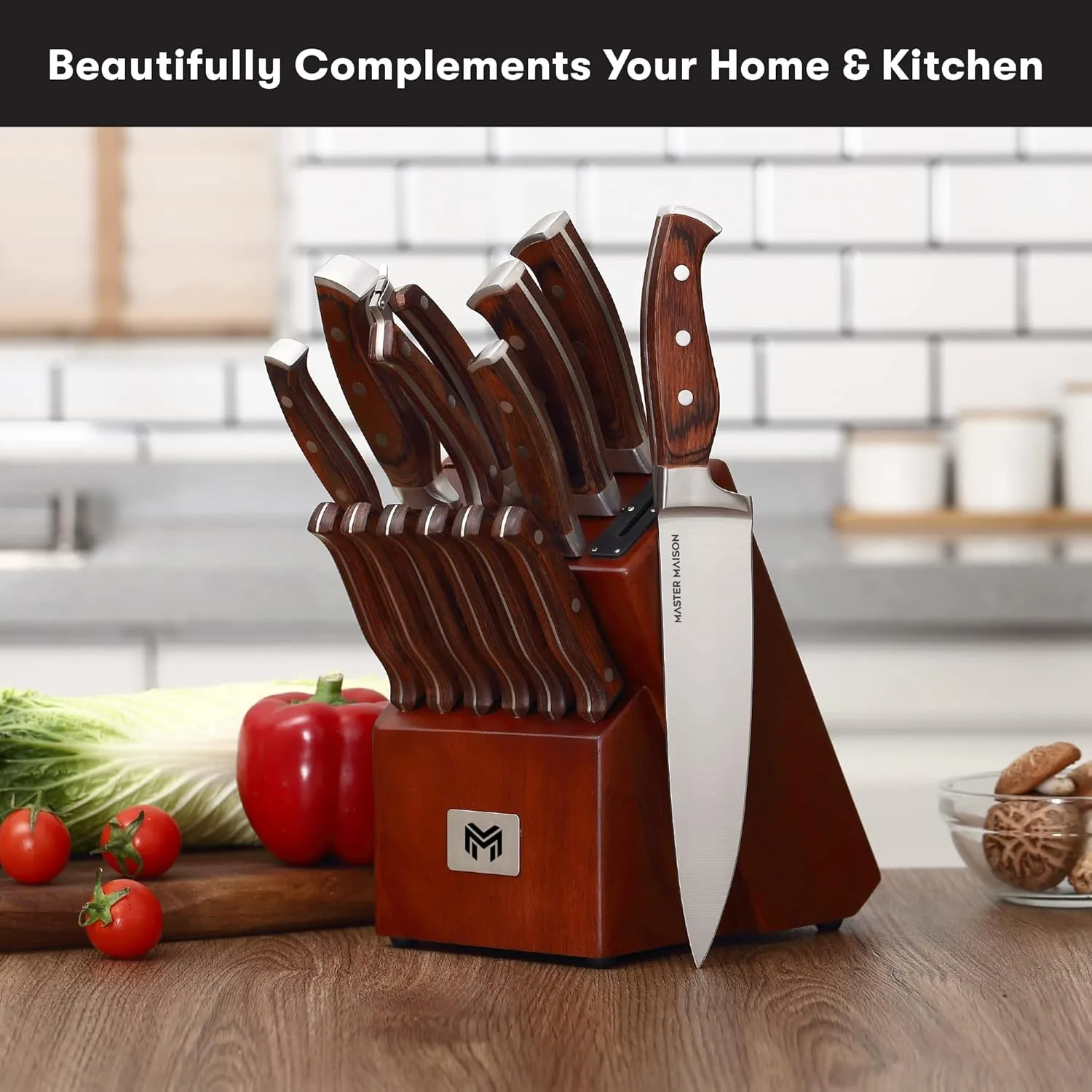 Master Maison 15-Piece Kitchen Knife Set with Block - Knife Set - Stainless Steel Knives with Sharpener and 6 Steak Knives (Walnut)