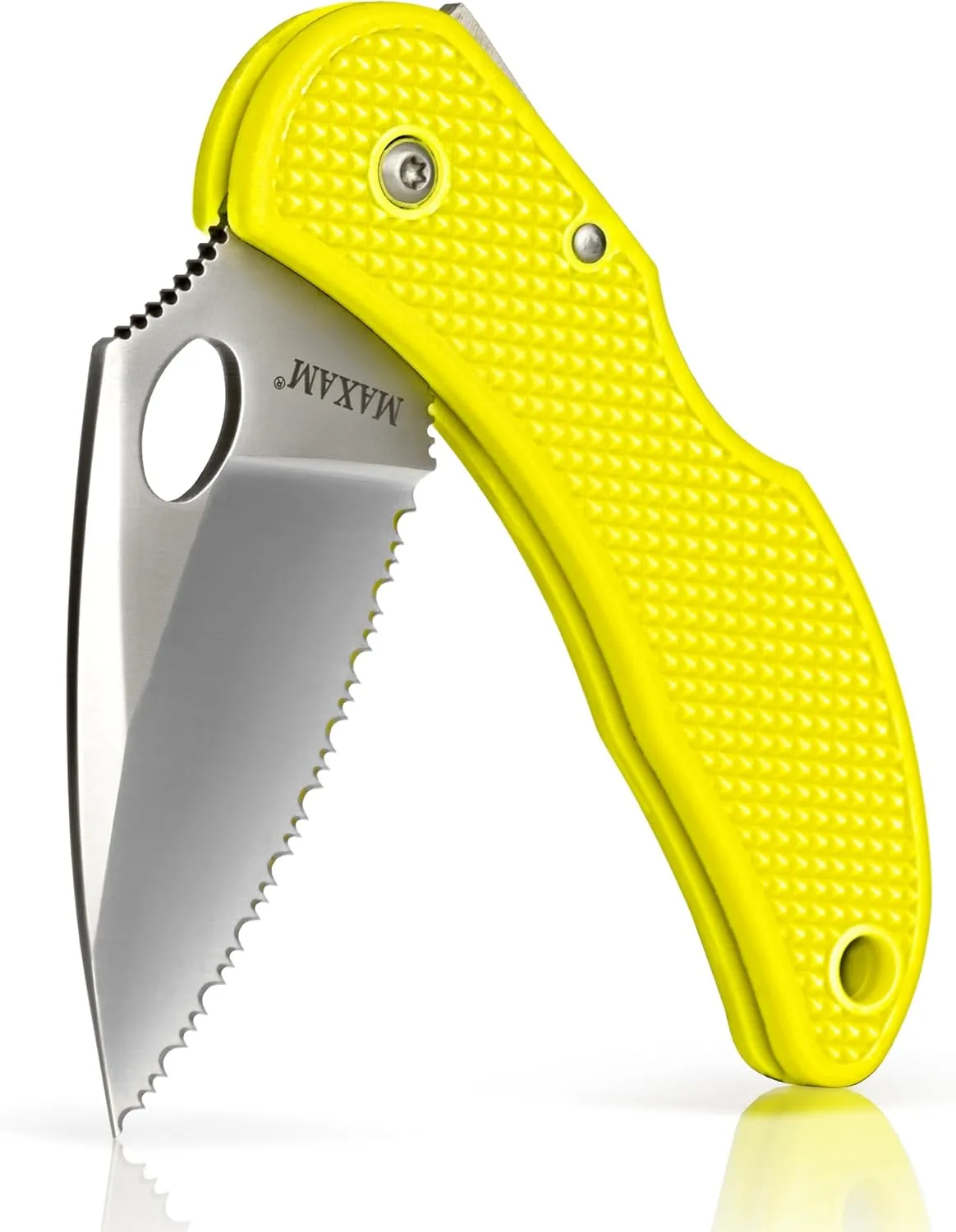 Maxam 3.3" Saltwater Knife - Rust-Proof German Stainless Steel Serrated Blade with Bright Yellow Handle, Reversible Pocket Clip, Lanyard Hole - Ideal for Salt & Fresh Water, Fishing Outdoor Use
