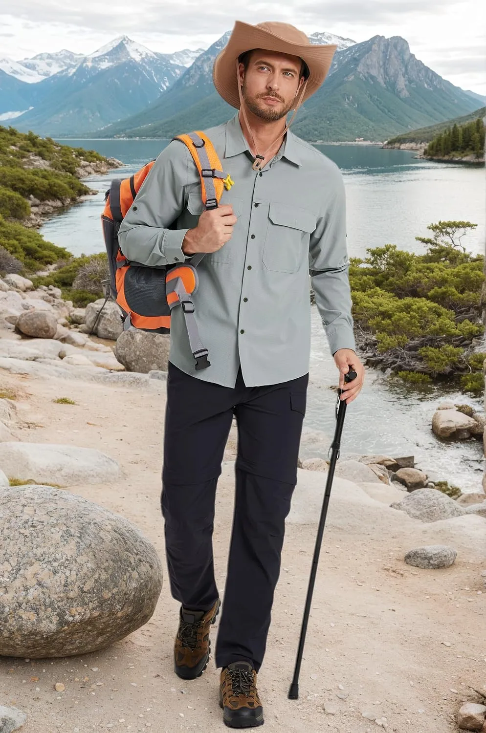 Mens Fishing Shirts Long Sleeve UPF 50  Sun Protection Quick Dry Cooling Hiking Travel Button Down Shirt Roll Up Sleeve