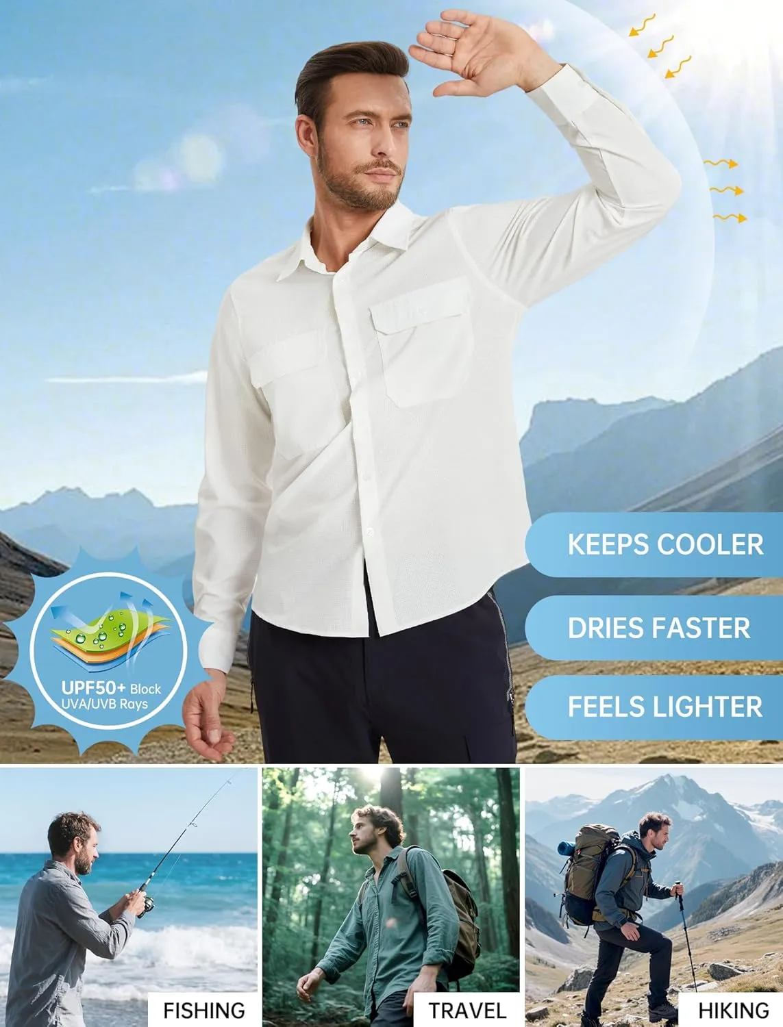 Mens Fishing Shirts Long Sleeve UPF 50  Sun Protection Quick Dry Cooling Hiking Travel Button Down Shirt Roll Up Sleeve