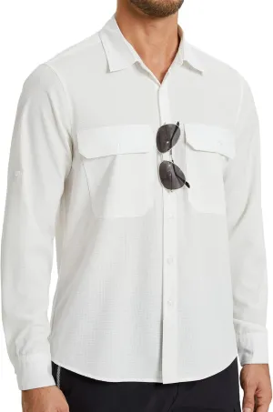 Mens Fishing Shirts Long Sleeve UPF 50  Sun Protection Quick Dry Cooling Hiking Travel Button Down Shirt Roll Up Sleeve