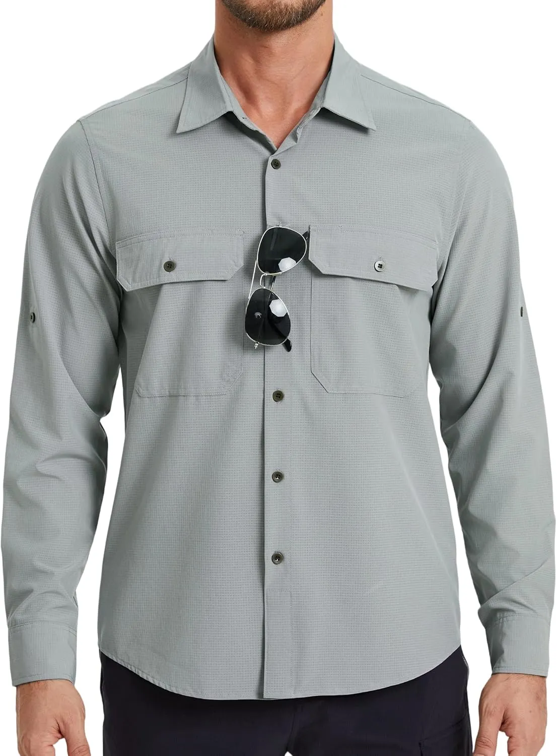 Mens Fishing Shirts Long Sleeve UPF 50  Sun Protection Quick Dry Cooling Hiking Travel Button Down Shirt Roll Up Sleeve