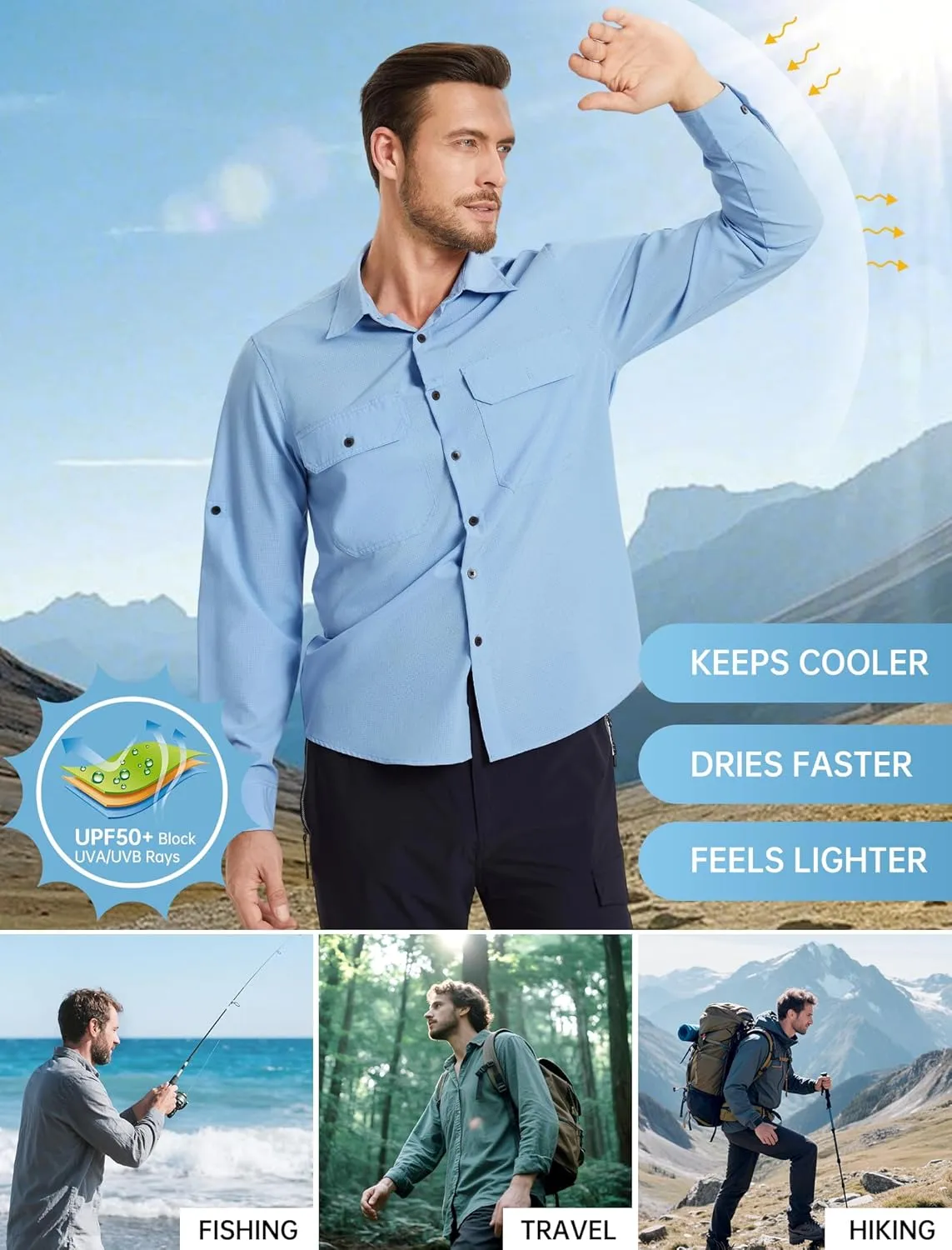 Mens Fishing Shirts Long Sleeve UPF 50  Sun Protection Quick Dry Cooling Hiking Travel Button Down Shirt Roll Up Sleeve