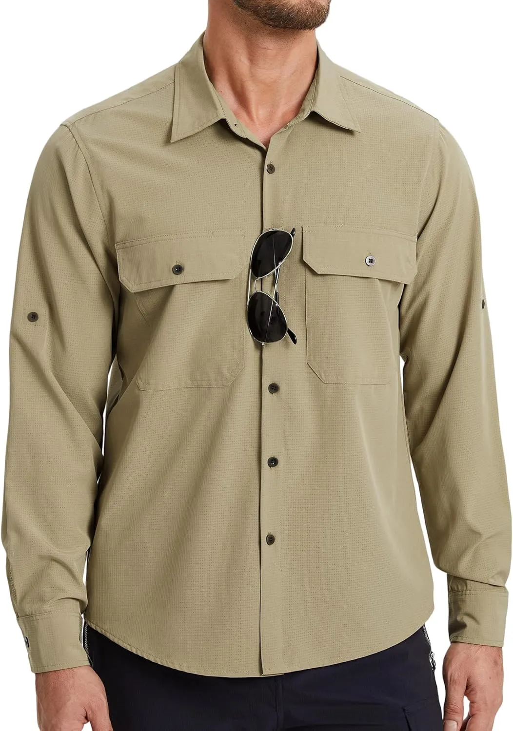 Mens Fishing Shirts Long Sleeve UPF 50  Sun Protection Quick Dry Cooling Hiking Travel Button Down Shirt Roll Up Sleeve
