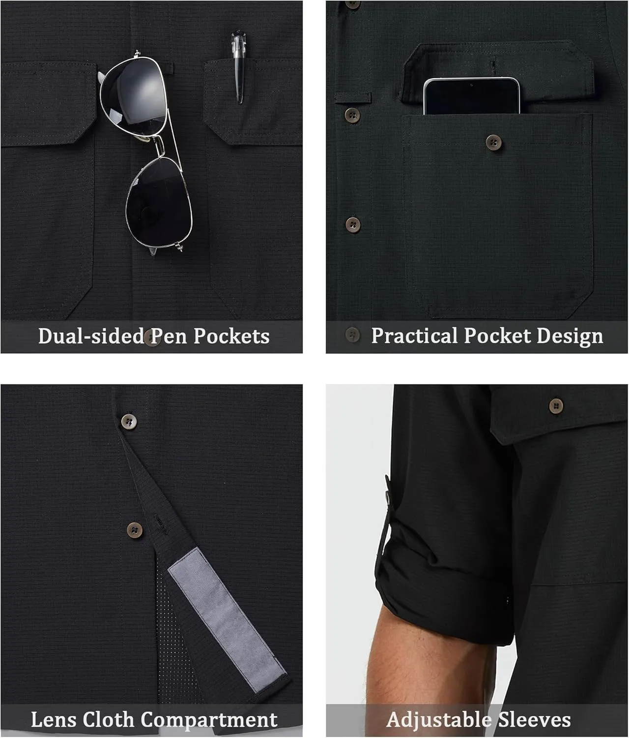 Mens Fishing Shirts Long Sleeve UPF 50  Sun Protection Quick Dry Cooling Hiking Travel Button Down Shirt Roll Up Sleeve