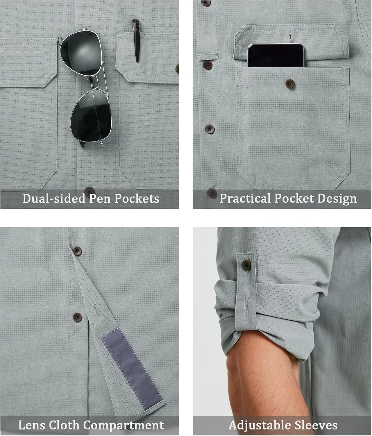 Mens Fishing Shirts Long Sleeve UPF 50  Sun Protection Quick Dry Cooling Hiking Travel Button Down Shirt Roll Up Sleeve