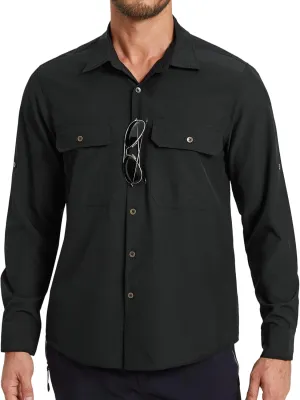 Mens Fishing Shirts Long Sleeve UPF 50  Sun Protection Quick Dry Cooling Hiking Travel Button Down Shirt Roll Up Sleeve