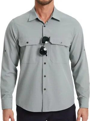 Mens Fishing Shirts Long Sleeve UPF 50  Sun Protection Quick Dry Cooling Hiking Travel Button Down Shirt Roll Up Sleeve