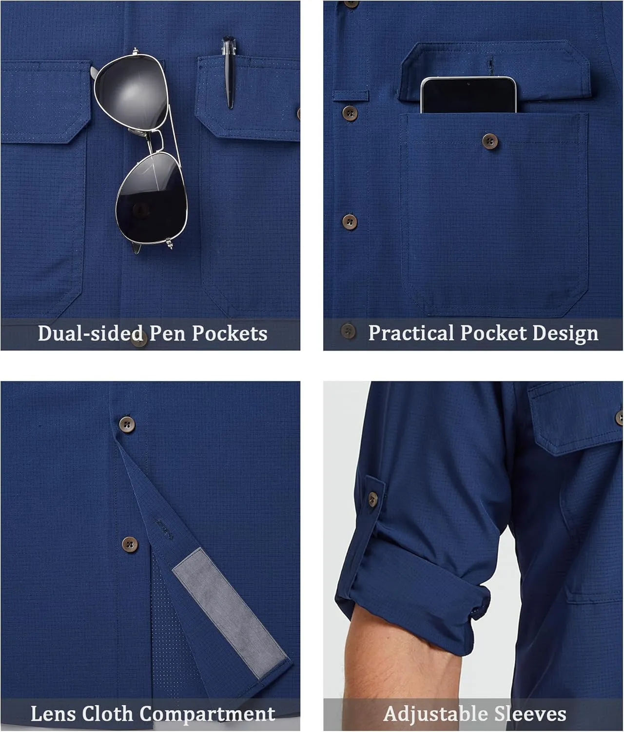 Mens Fishing Shirts Long Sleeve UPF 50  Sun Protection Quick Dry Cooling Hiking Travel Button Down Shirt Roll Up Sleeve