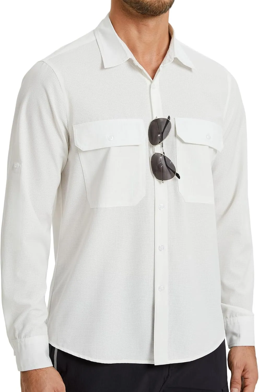 Mens Fishing Shirts Long Sleeve UPF 50  Sun Protection Quick Dry Cooling Hiking Travel Button Down Shirt Roll Up Sleeve