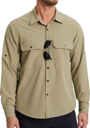 Mens Fishing Shirts Long Sleeve UPF 50  Sun Protection Quick Dry Cooling Hiking Travel Button Down Shirt Roll Up Sleeve