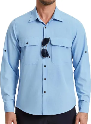 Mens Fishing Shirts Long Sleeve UPF 50  Sun Protection Quick Dry Cooling Hiking Travel Button Down Shirt Roll Up Sleeve