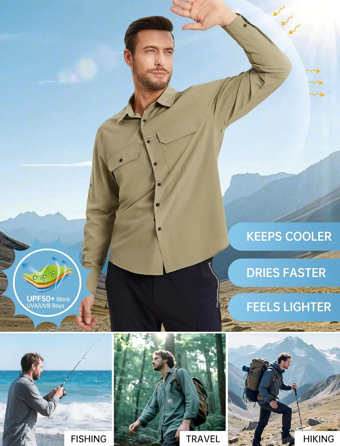 Mens Fishing Shirts Long Sleeve UPF 50  Sun Protection Quick Dry Cooling Hiking Travel Button Down Shirt Roll Up Sleeve