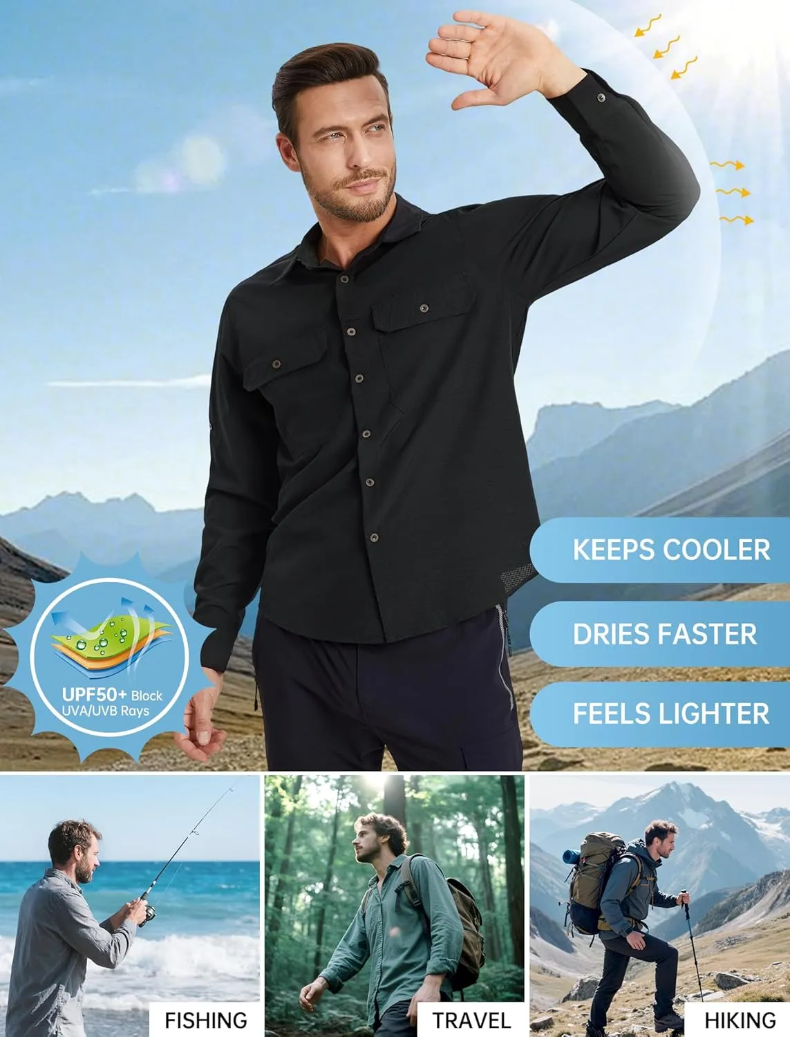 Mens Fishing Shirts Long Sleeve UPF 50  Sun Protection Quick Dry Cooling Hiking Travel Button Down Shirt Roll Up Sleeve
