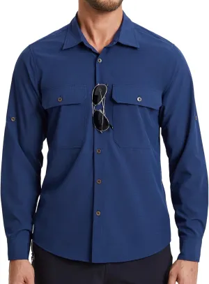 Mens Fishing Shirts Long Sleeve UPF 50  Sun Protection Quick Dry Cooling Hiking Travel Button Down Shirt Roll Up Sleeve