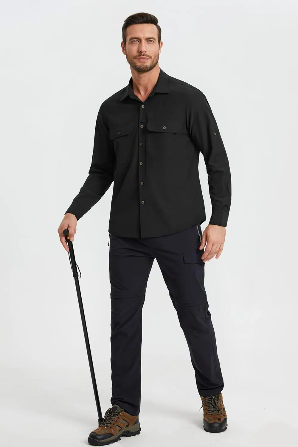 Mens Fishing Shirts Long Sleeve UPF 50  Sun Protection Quick Dry Cooling Hiking Travel Button Down Shirt Roll Up Sleeve
