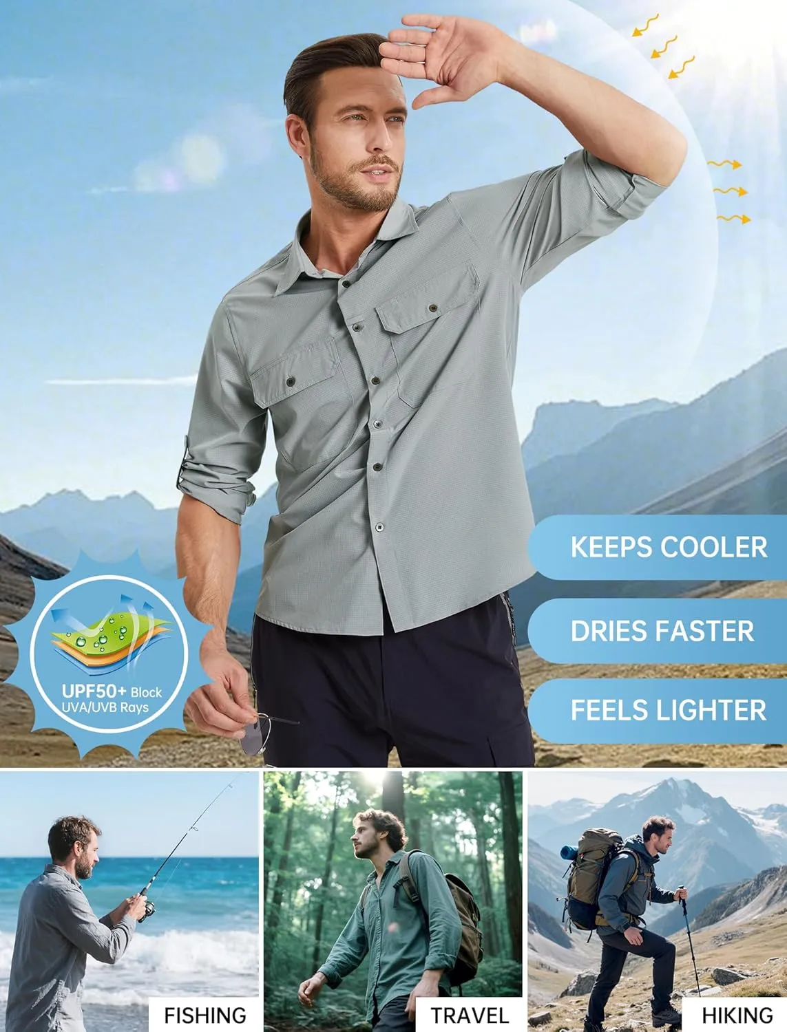 Mens Fishing Shirts Long Sleeve UPF 50  Sun Protection Quick Dry Cooling Hiking Travel Button Down Shirt Roll Up Sleeve