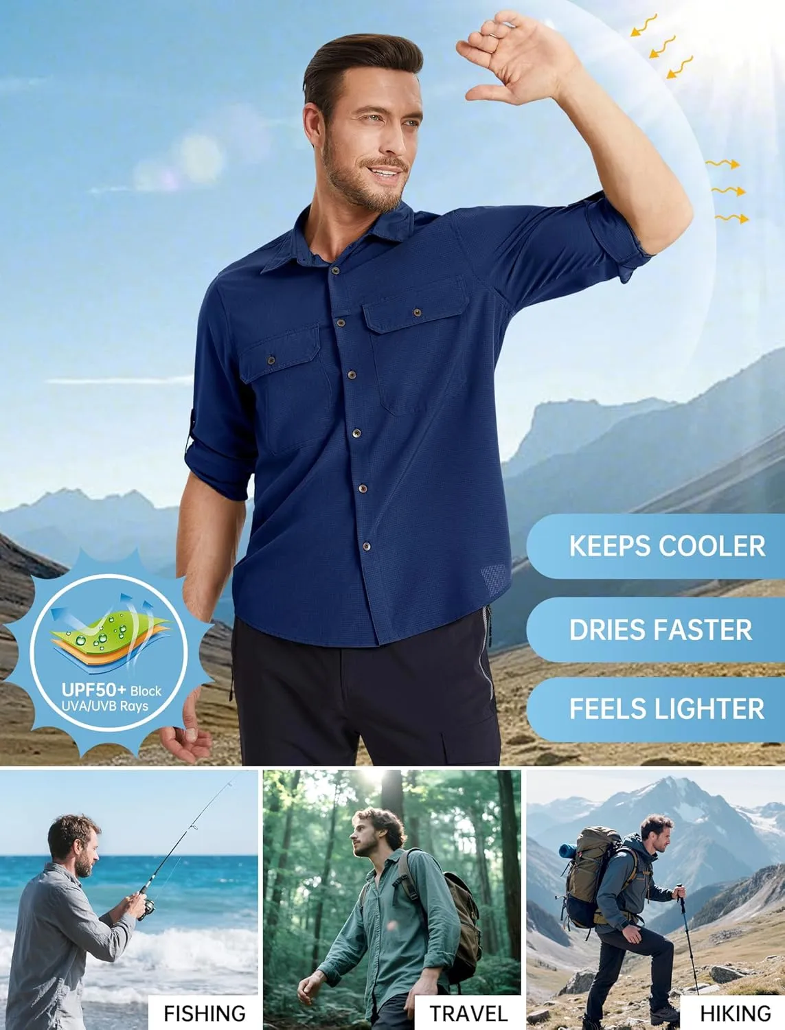 Mens Fishing Shirts Long Sleeve UPF 50  Sun Protection Quick Dry Cooling Hiking Travel Button Down Shirt Roll Up Sleeve