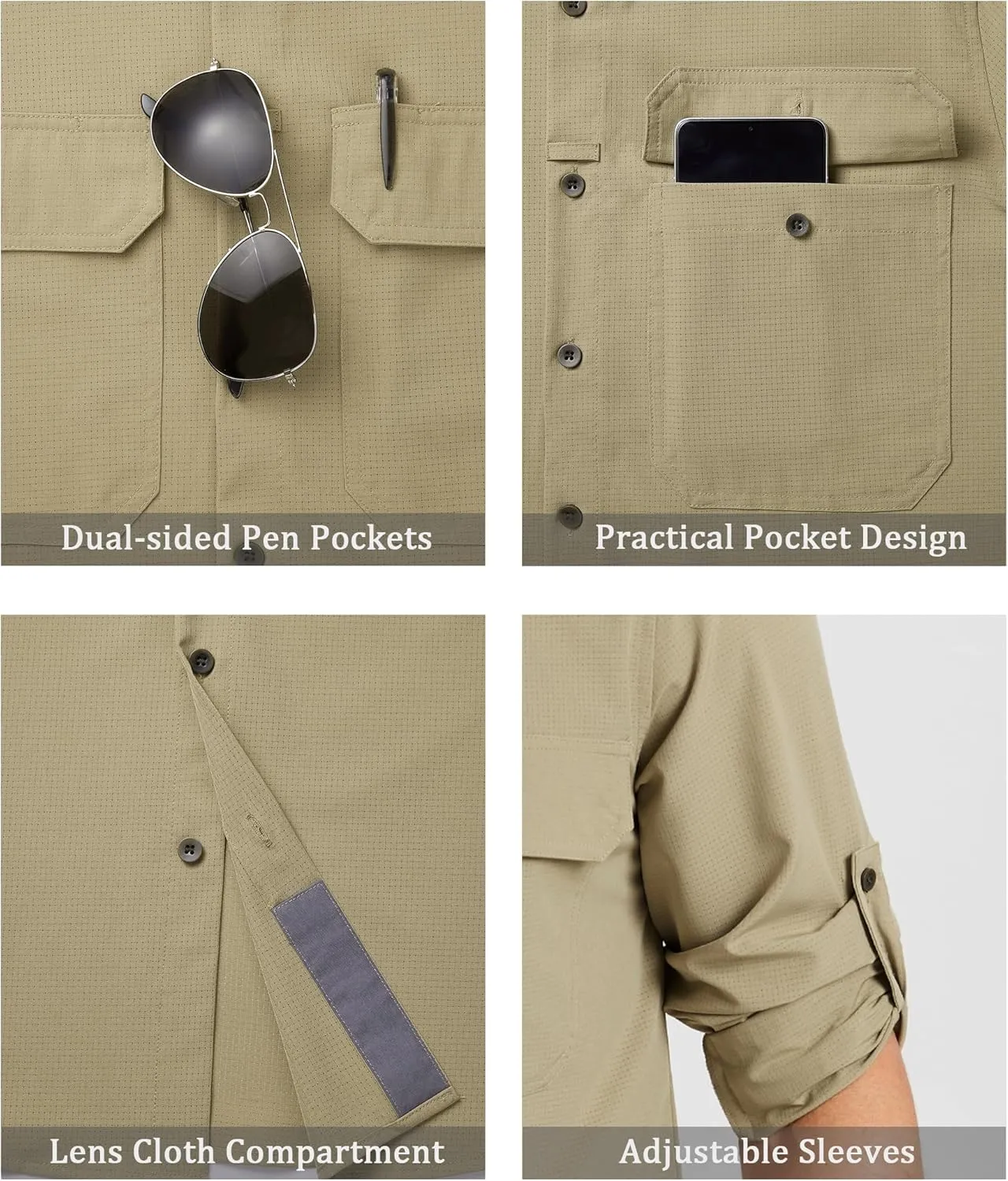 Mens Fishing Shirts Long Sleeve UPF 50  Sun Protection Quick Dry Cooling Hiking Travel Button Down Shirt Roll Up Sleeve