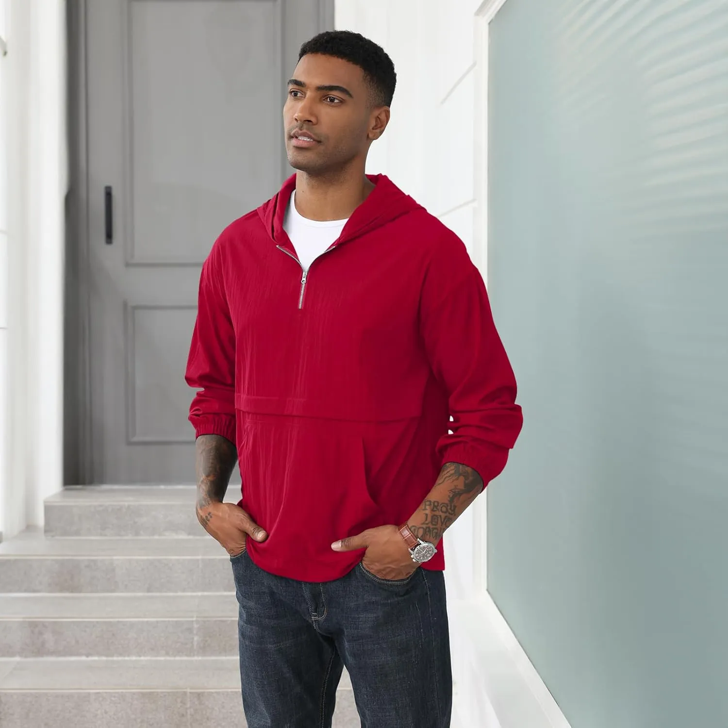 Men's Quarter Zip Sweatshirts Track Jackets Windbreaker Casual Pullover Lightweight Pockets Cycling Golf for Men With Hood