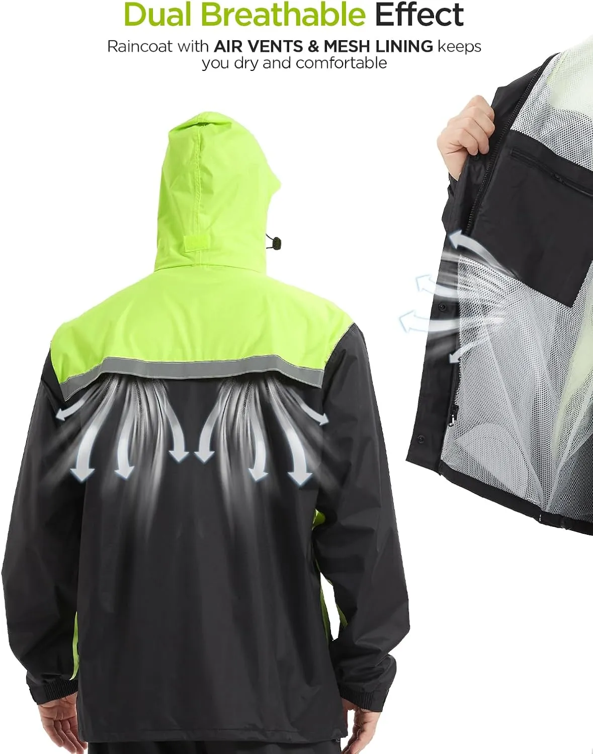Mens Rain Suits with Air Vents Reflective Waterproof Rain Gear Breathable Jacket Pants for Work Golf Fishing Hiking
