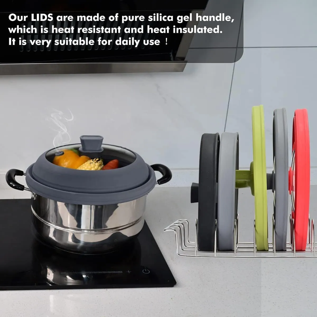 Microwave Splatter Cover Glass Splatter Guard Lid with Collapsible Silicone for Food Pot Cover Plate Cover 10.8 inch Black