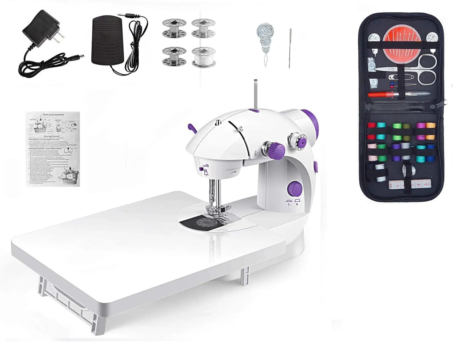 Mini Sewing Machine for Beginners-Maquina de Coser, Easy Automatic Sewing Machine with Extension Table, Household Electric Portable Sewing Tool with Sewing Kit, Small, for All Age, Kids or Adults