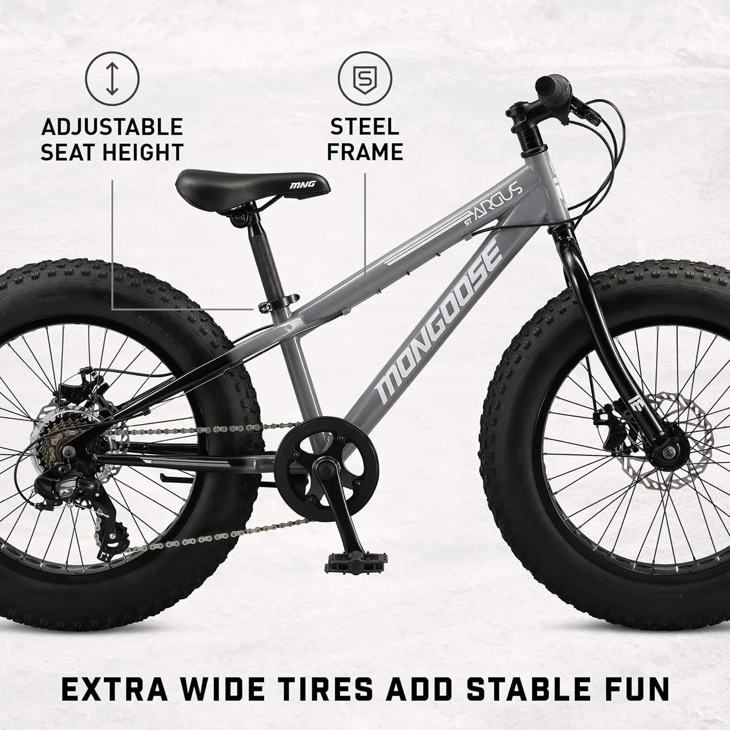 Mongoose Argus ST & Trail Fat Tire Mountain Bike for Adult Youth Men Women, 20 to 26-Inch Wheels, Mechanical Disc Brakes, Steel or Aluminum Frame and 7 or 16-Speed Options