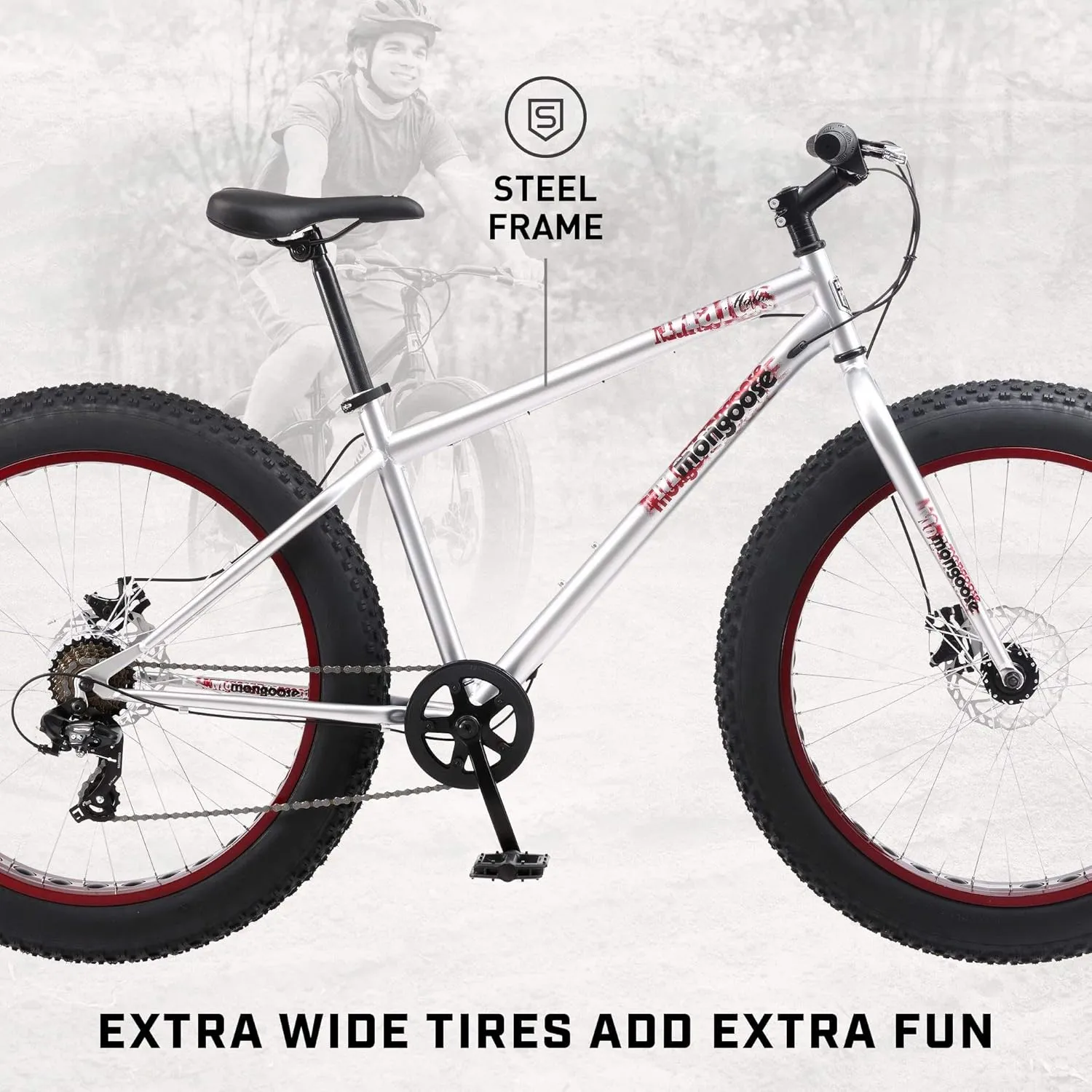 Mongoose Malus Mens and Women Fat Tire Mountain Bike, 26-Inch Bicycle Wheels, 4-Inch Wide Knobby Tires, Steel Frame, 7 Speed Drivetrain, Shimano Rear Derailleur, Disc Brakes