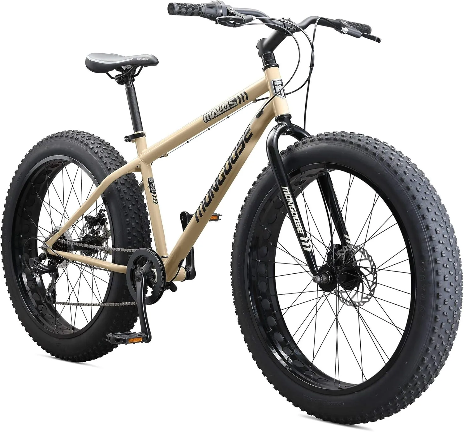 Mongoose Malus Mens and Women Fat Tire Mountain Bike, 26-Inch Bicycle Wheels, 4-Inch Wide Knobby Tires, Steel Frame, 7 Speed Drivetrain, Shimano Rear Derailleur, Disc Brakes