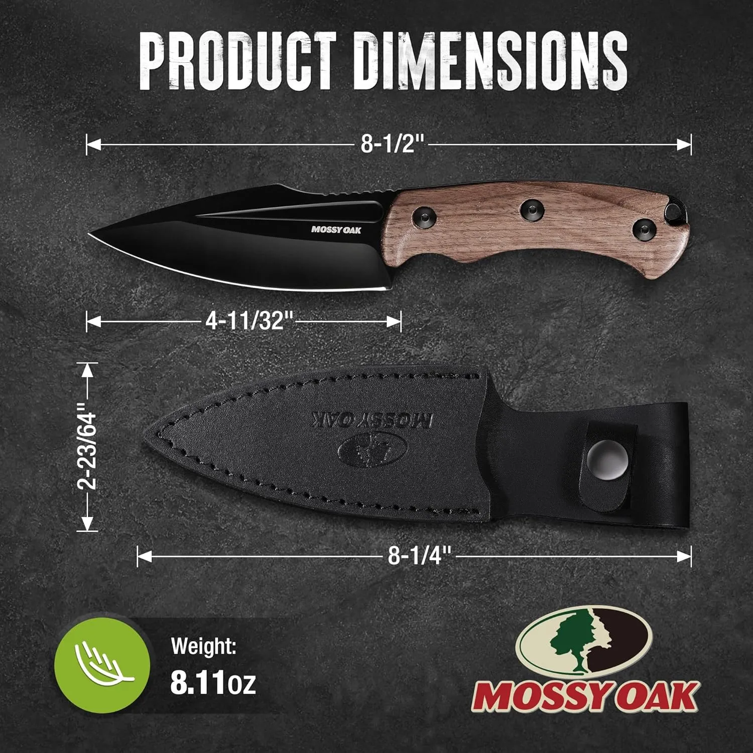 MOSSY OAK 8.5-inch Full-tang Fixed Blade Knife with Sheath, Stainless Steel Blade, Outdoor Knives for Survival, Camping, Hiking (G10 Handle-Brown)