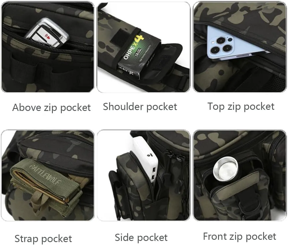 Multifunctional Fishing Tackle Bag Lightweight Waterproof Crossbody Shoulder Pack with Rod Holder for Fly Fishing, Camping, and Hiking (Snow Camouflage)