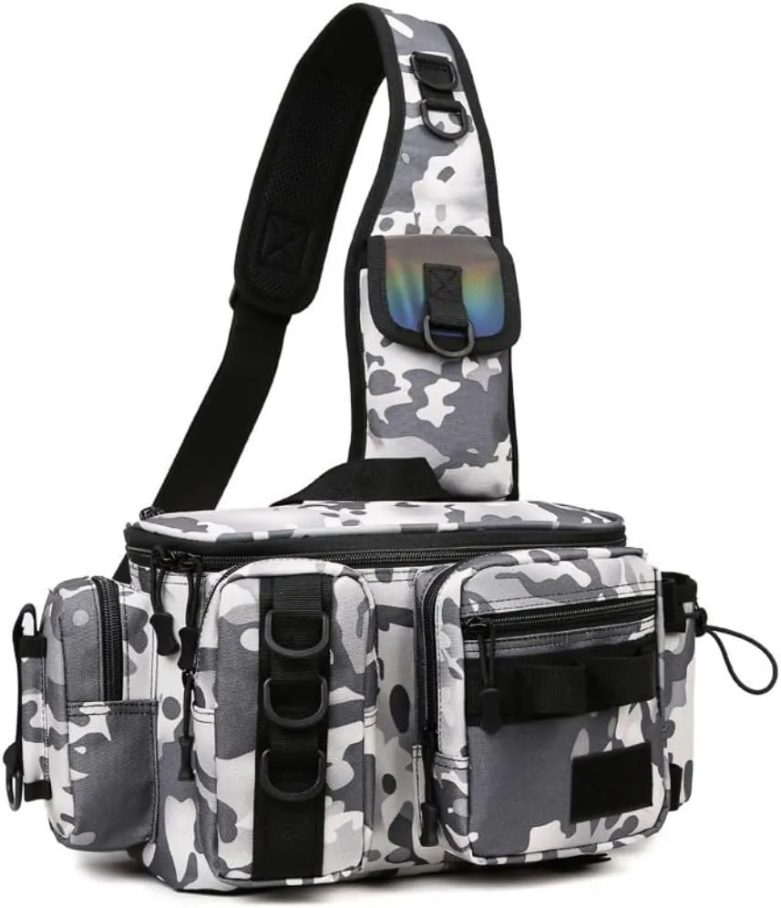 Multifunctional Fishing Tackle Bag Lightweight Waterproof Crossbody Shoulder Pack with Rod Holder for Fly Fishing, Camping, and Hiking (Snow Camouflage)