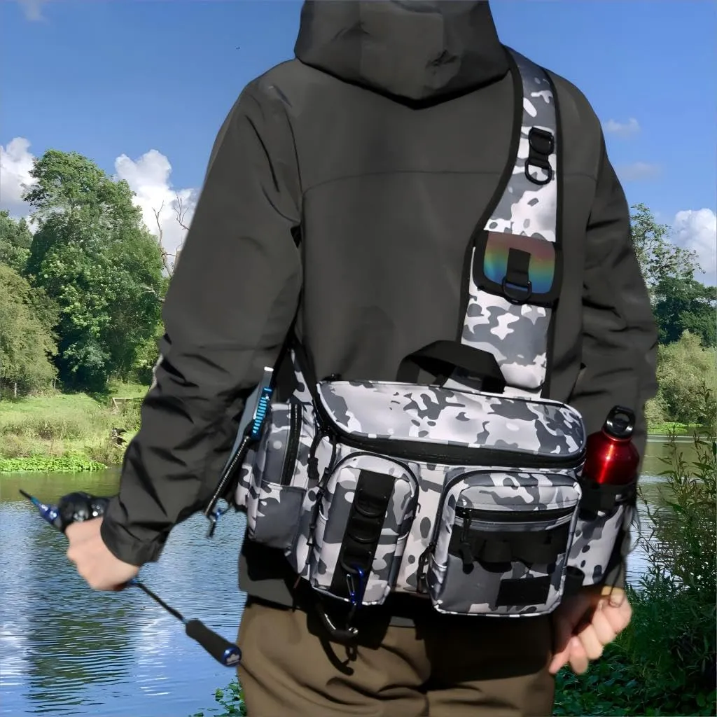 Multifunctional Fishing Tackle Bag Lightweight Waterproof Crossbody Shoulder Pack with Rod Holder for Fly Fishing, Camping, and Hiking (Snow Camouflage)