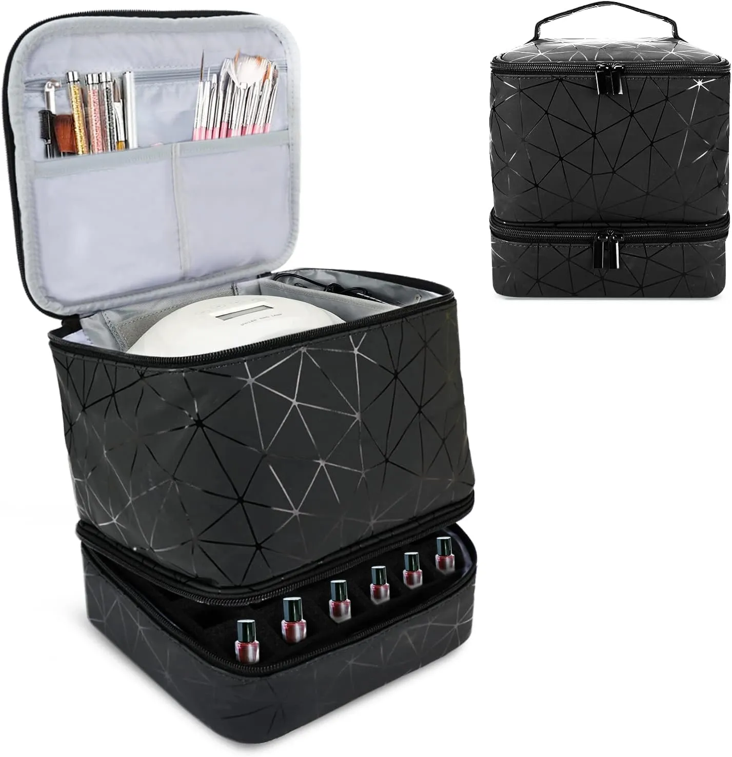 Nail Polish Organizer Case, Fingernail Polish Travel Organizer with Handle, Holds 30 Bottles, 1 Led Nail Lamp Nail Art Supplies, Double Layer Nail Polish Carrying Case With Detachable