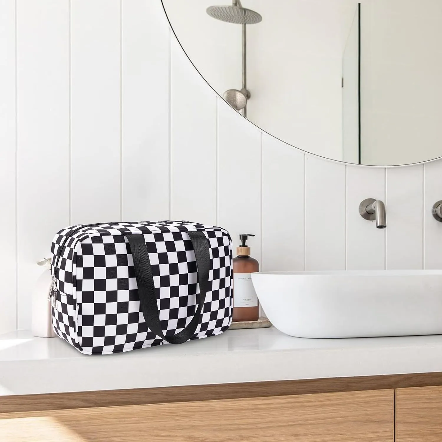 Narwey Large Toiletry Bag Women Cosmetic Bag Travel Makeup Bag Organizer Medicine Bag for Toiletries Essentials Accessories (Black Checkerboard, Large)