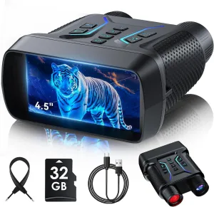Night Vision Goggles - 4K Night Vision Binoculars for Adults, 4500mAh Rechargeable Infrared Binoculars with 4.5'' Large Screen, 8X Digital Zoom, 32GB TF Card to Save Photos and Videos for Camping